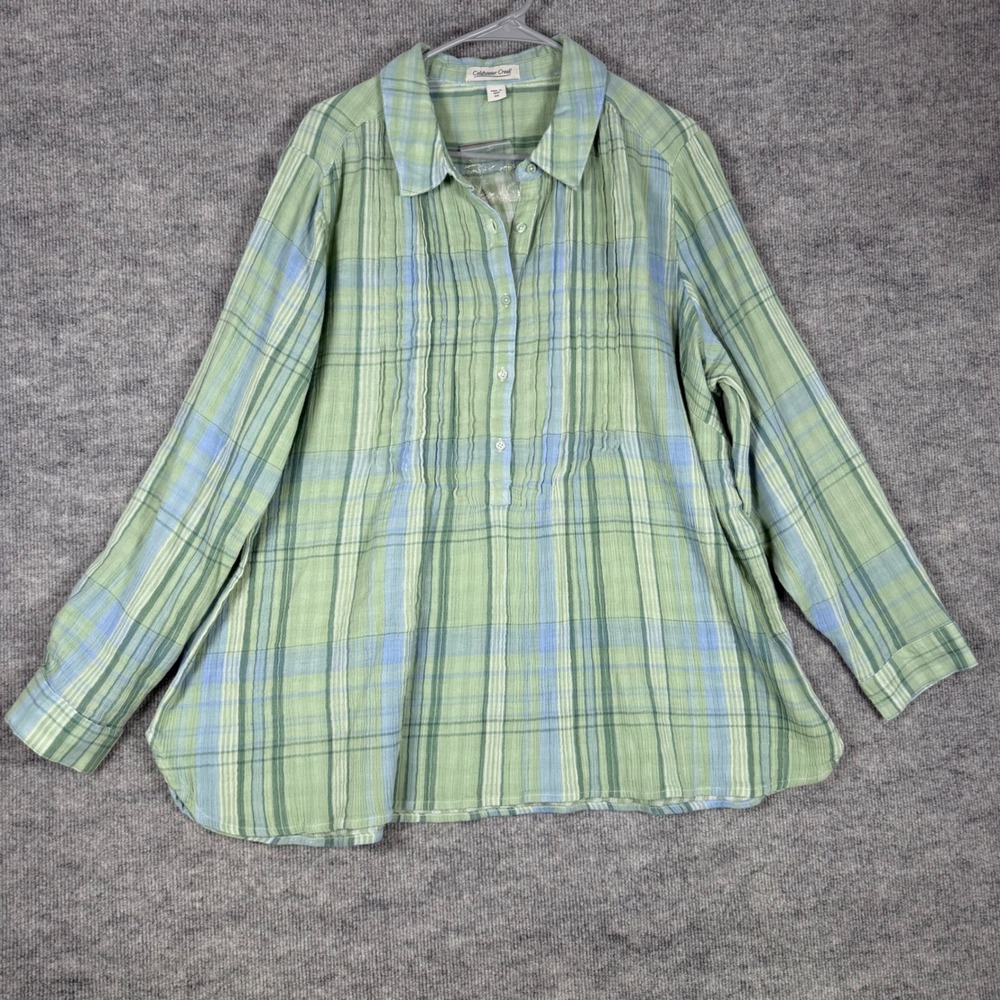 Coldwater Creek Size-2X Top Green Plaid Pintuck Cotton Gauze Button Front Tunic